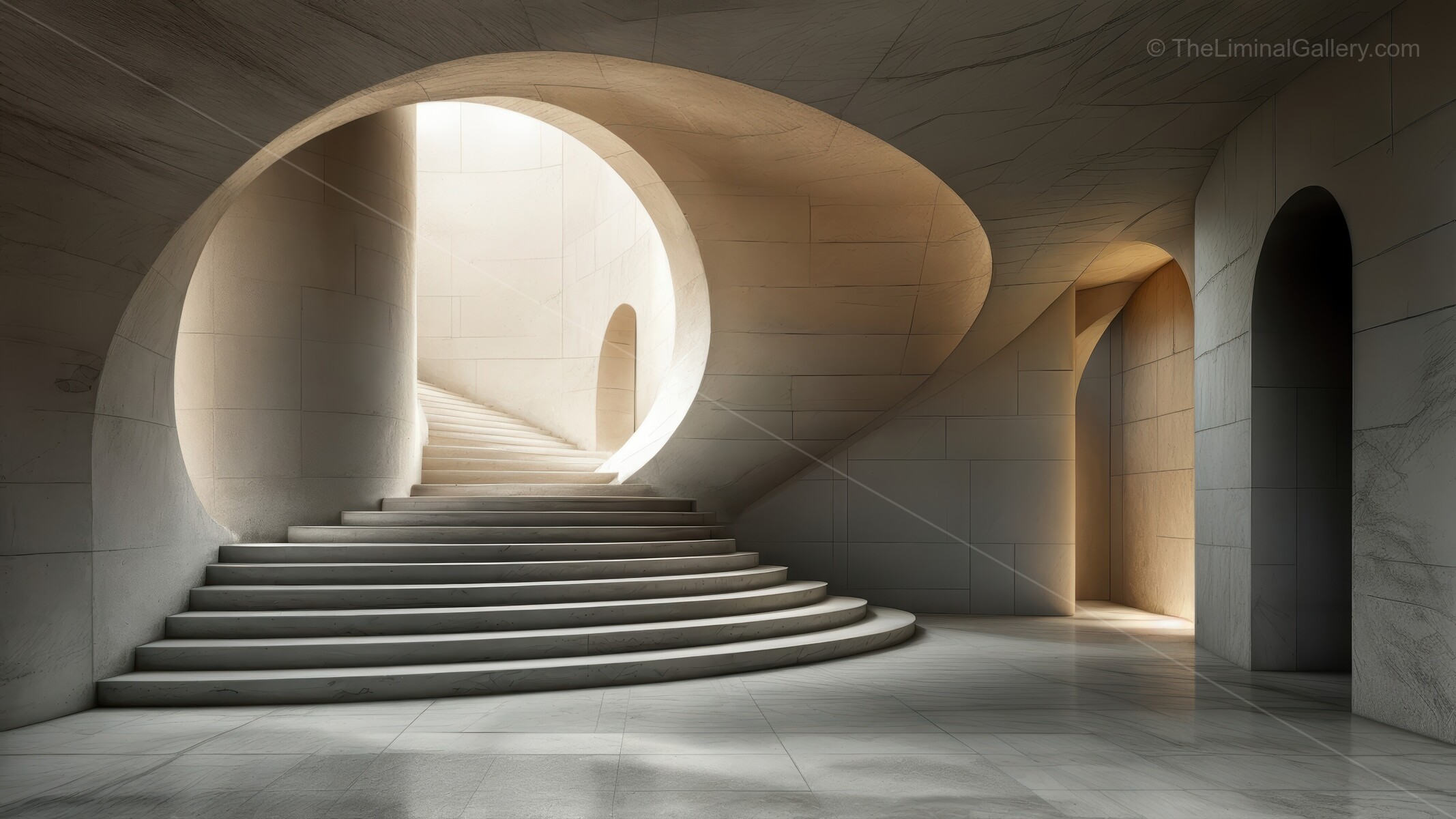 Liminal stairway's fluid curves and gentle illumination beckon visitors upward, contemporary design cultivating calm curiosity and immersive architectural wonder