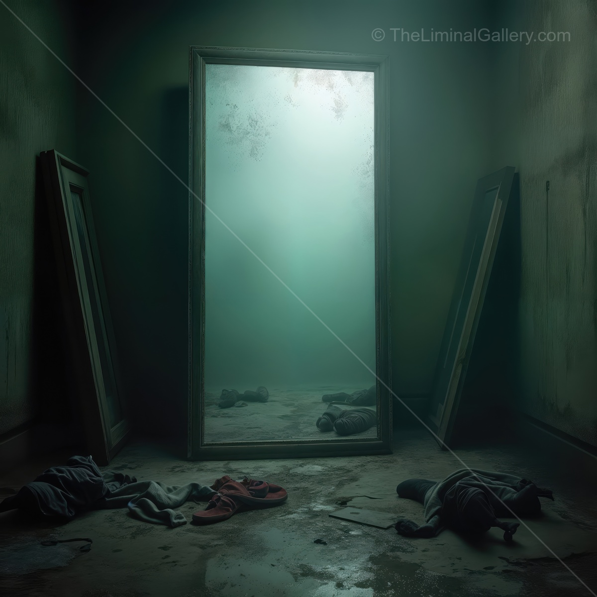 Liminal fog-shrouded room projects eerie reflections over scattered garments, unsettling silhouettes intensifying atmospheric tension as evening deepens