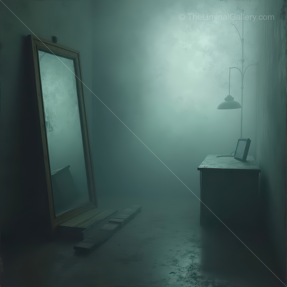 Fog-filled chamber centers on ornate antique mirror, its hazy reflection hinting at hidden stories, filling the dim room with suspense, nostalgia, and quiet intrigue