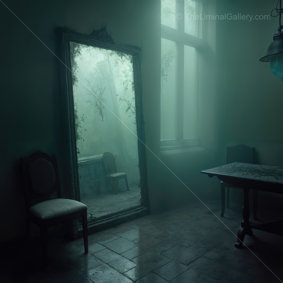 Within liminal fog, an ornate mirror reflects unknown realms, haunting room with surreal ambience and eliciting curiosity about memories and secrets beyond the glass