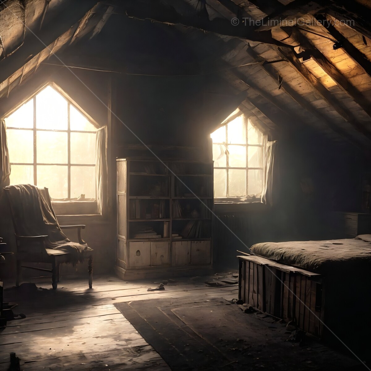 Sunlight filters through dusty windows in an abandoned attic filled with memories and rustic charm