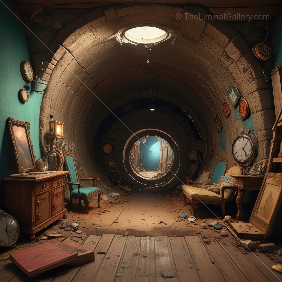 Exploring an abandoned underground room with vintage decor and mysterious clocks