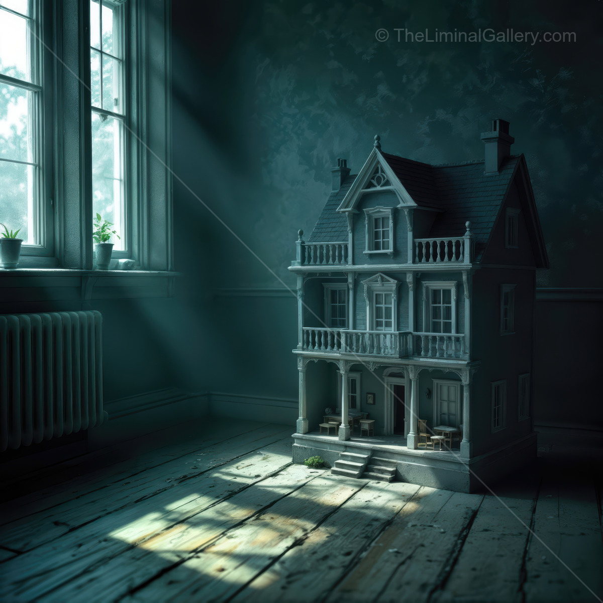 Liminal forgotten room illuminated by stray sunbeams reveals vintage dollhouse, blending warm nostalgia with enticing mystery waiting to be rediscovered