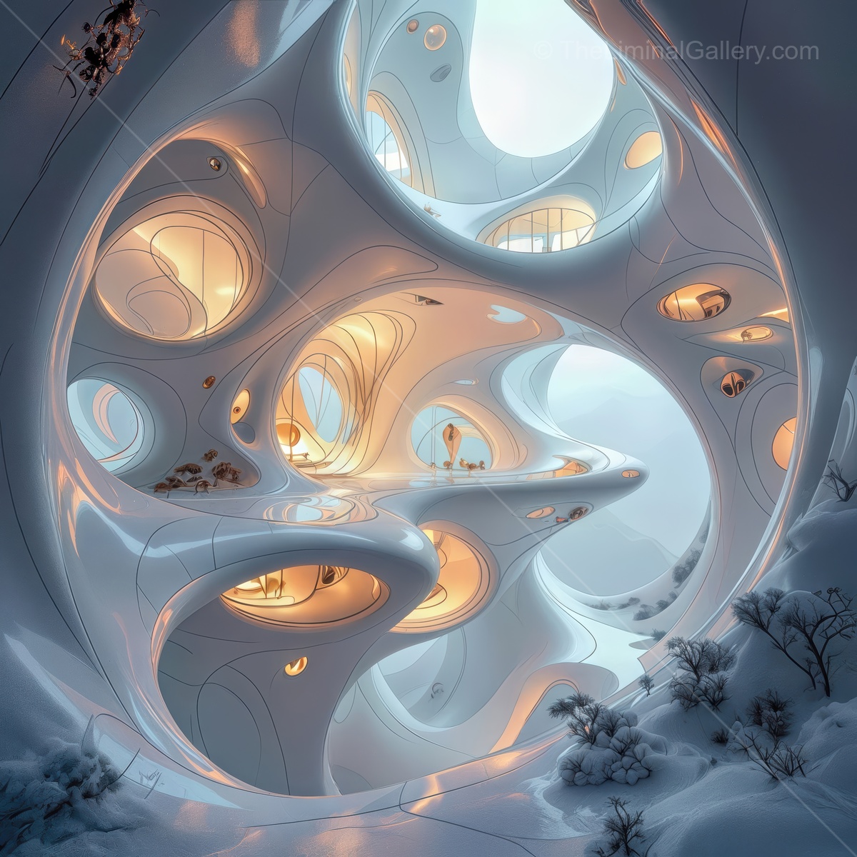 Organic lines of futuristic architecture rise from a quiet snowy field, gentle ambient lights glowing through frost to unite dreamlike structure and nature