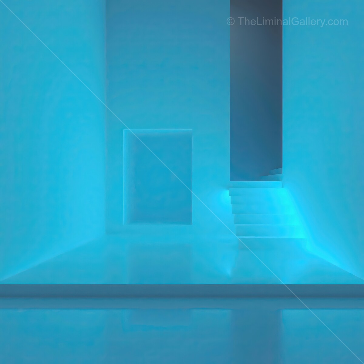 Exploring a futuristic liminal space illuminated by serene blue light and glowing steps