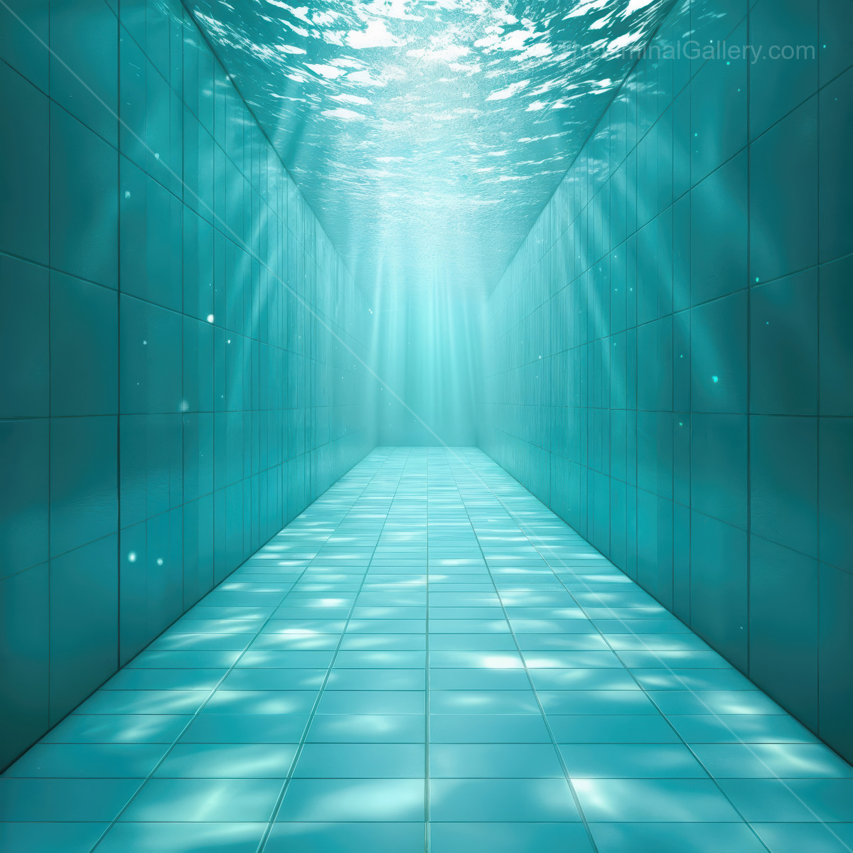 Underwater corridor glimmers as sunlight filters through tranquil waves, creating a serene pathway for exploration at the heart of an aquatic sanctuary