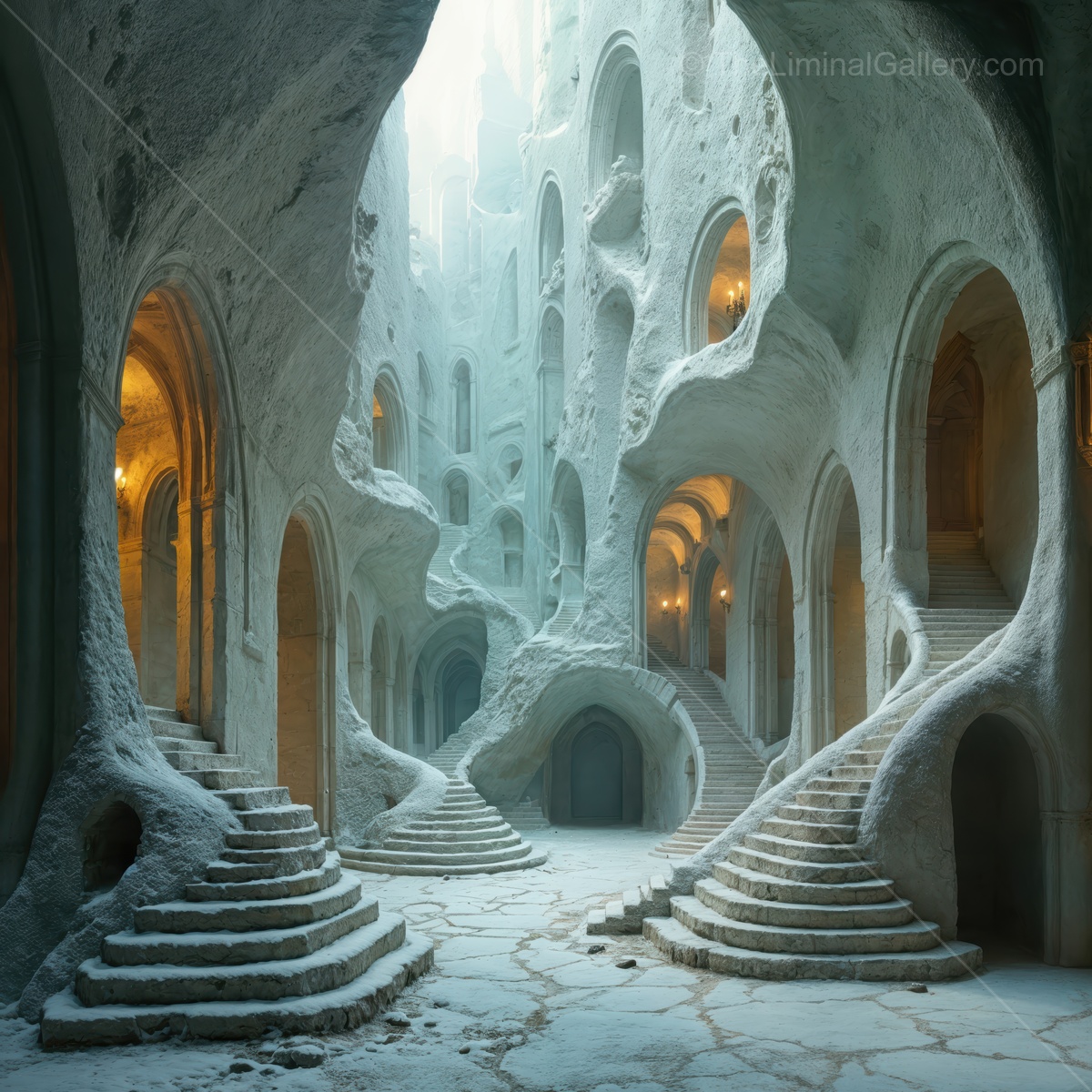 Liminal cave sanctuary shimmers with ethereal glow; winding stairs snake amid rock and silence, wrapping visitors in quiet stillness and otherworldly calm