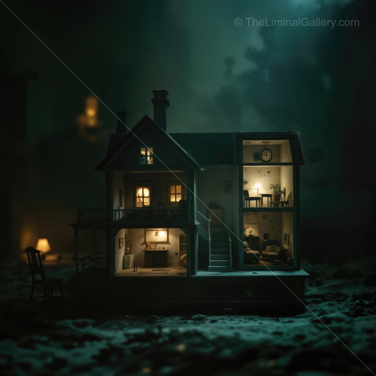 Warm liminal lights glow from a tiny cottage deep in shadowed woods, casting cozy halos that inspire nighttime tales of comfort, curiosity, and gentle adventure