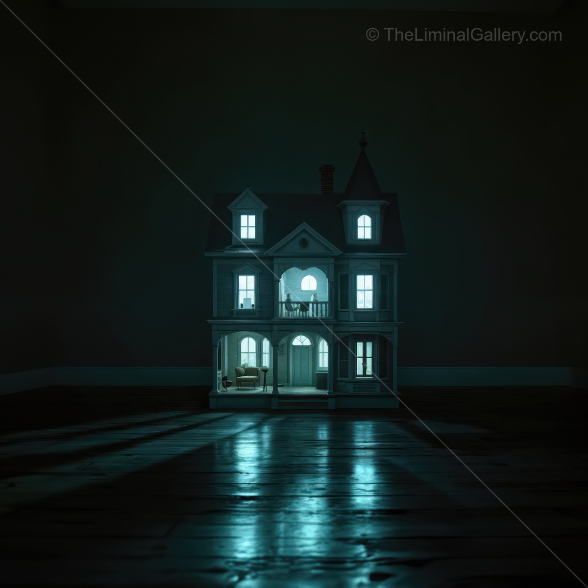 Liminal dollhouse shines in darkness, mirrored floor doubling its warm windows while reflections dance around the miniature structure, amplifying whimsical charm