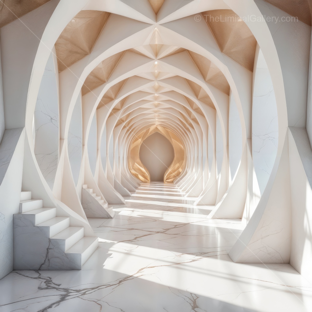 Liminal hallway suffused with soft glow reveals intricate architectural geometry, guiding visitors toward inviting lounge that promises comfort and calm experience