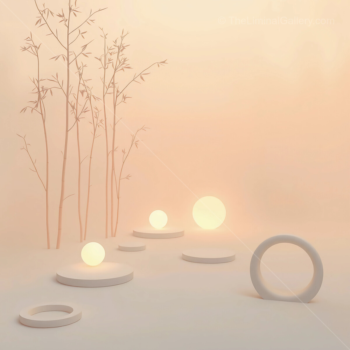 Soft glowing spheres illuminate a serene minimalistic landscape at dawn