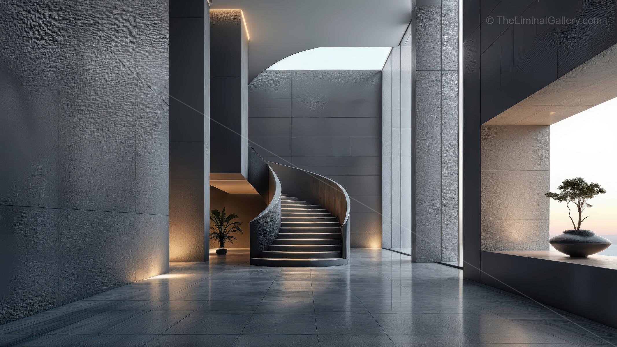 Liminal sculptural staircase glows at golden hour, minimalist form ascending elegantly and acting as striking centerpiece that elevates the surrounding space