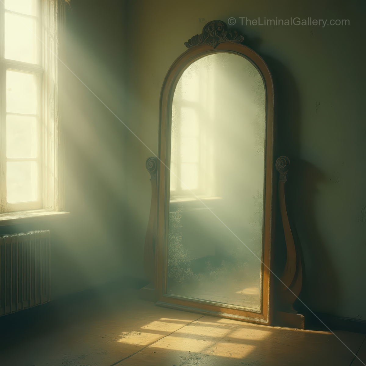 As the golden hour approaches, warm reflective rays bathe a vintage mirror in an untouched, abandoned room, casting enchanting light and shadows across the space