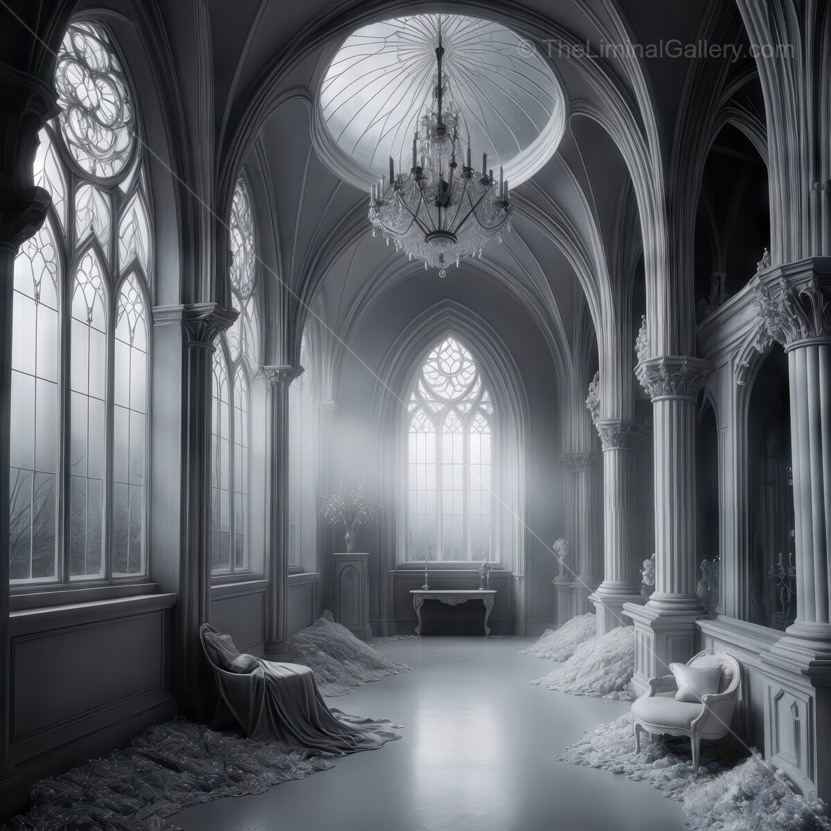 Vast gothic hall adorned with intricate architecture and ethereal lighting at dawn's break, inviting mystery and elegance