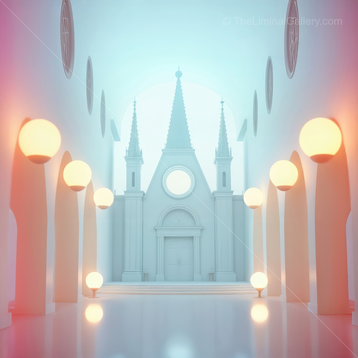 Exploring a serene liminal space with glowing orbs and gothic architecture at twilight