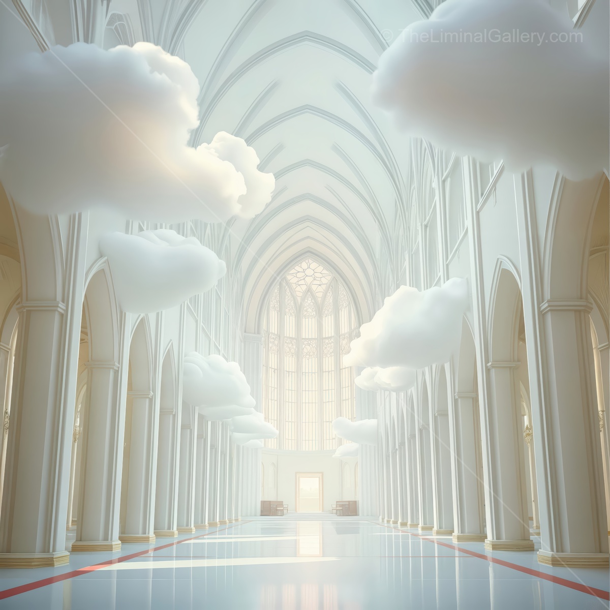 Liminal space filled with soft clouds and serene light in a grand hall during the quiet of early morning