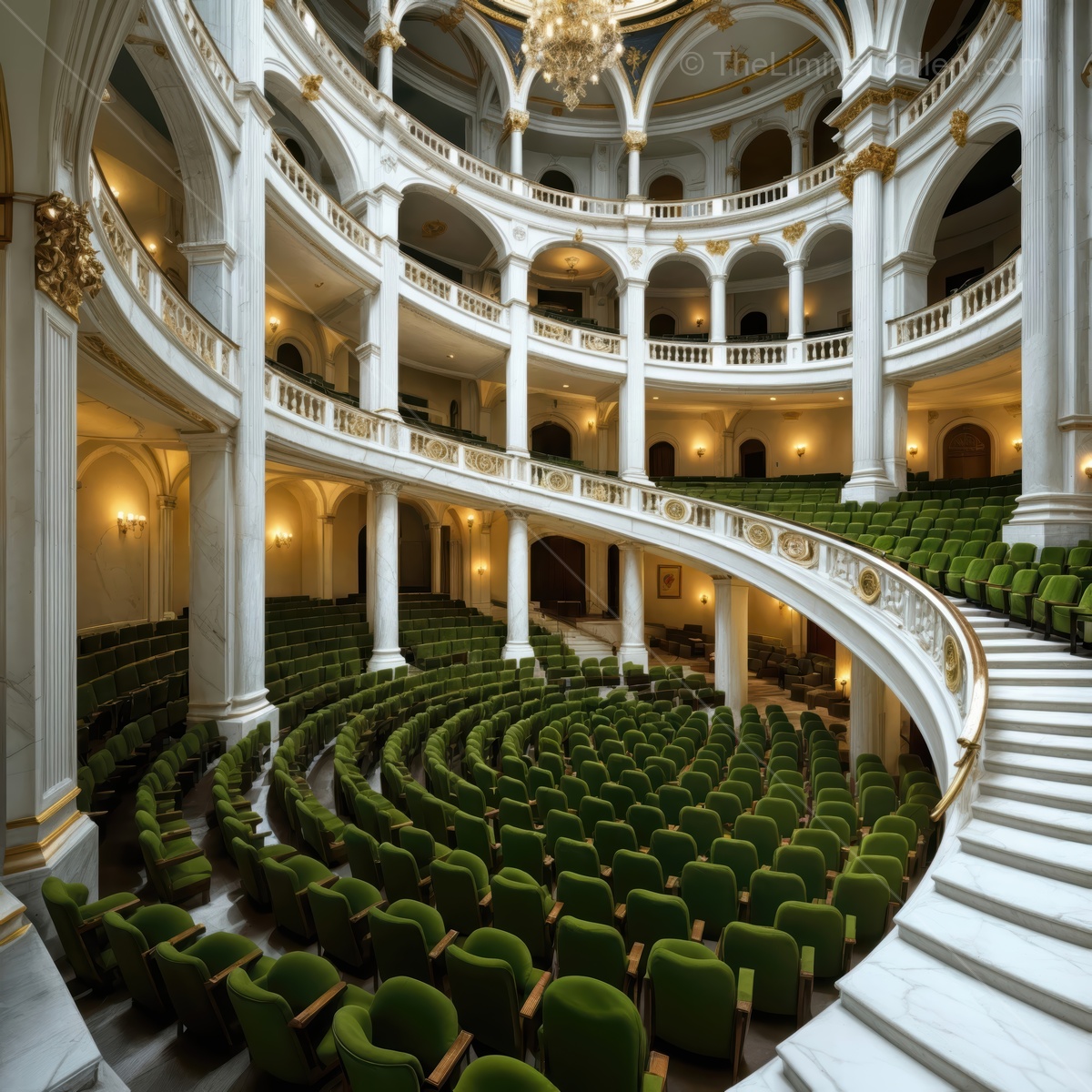 Empty theater in a grand hall with elegant architecture and green seats invites reflection and nostalgia