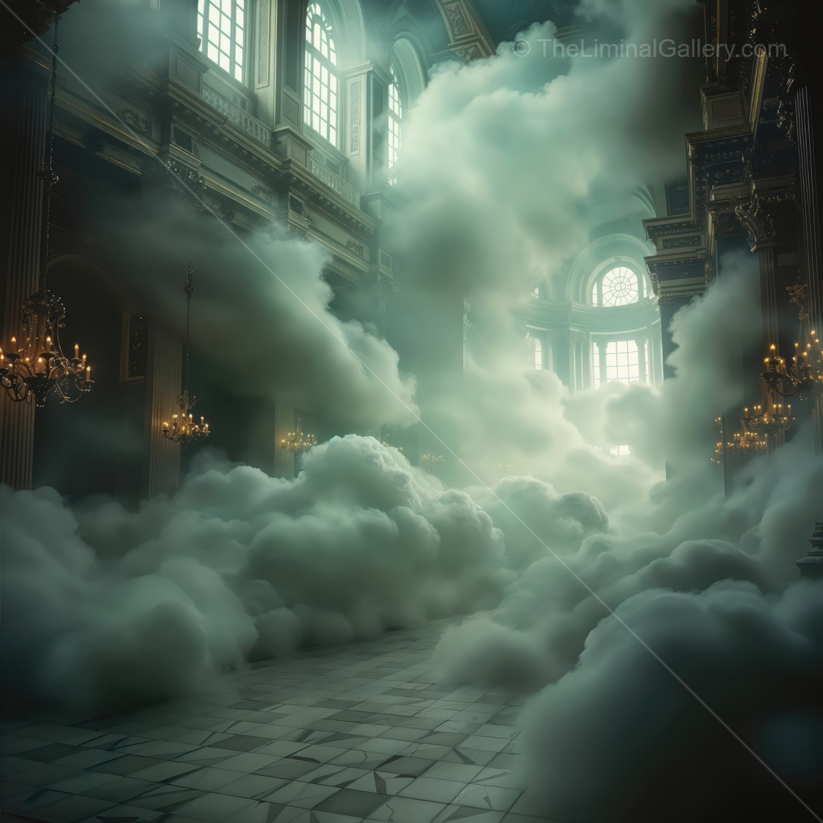 Mysterious atmosphere envelops a grand hall filled with swirling mist and muted light