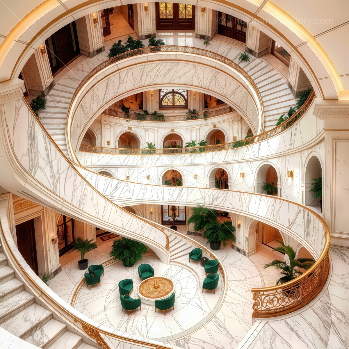 Elegant liminal spiral staircase with lush greenery in a lavish hotel lobby