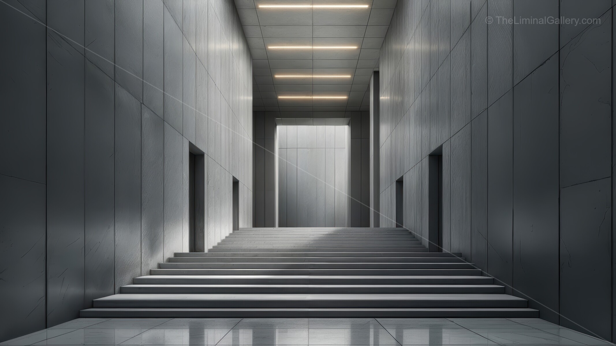 Modern architectural design highlights a spacious staircase leading to a luminous hallway in a contemporary building, creating an atmosphere of elegance and minimalism