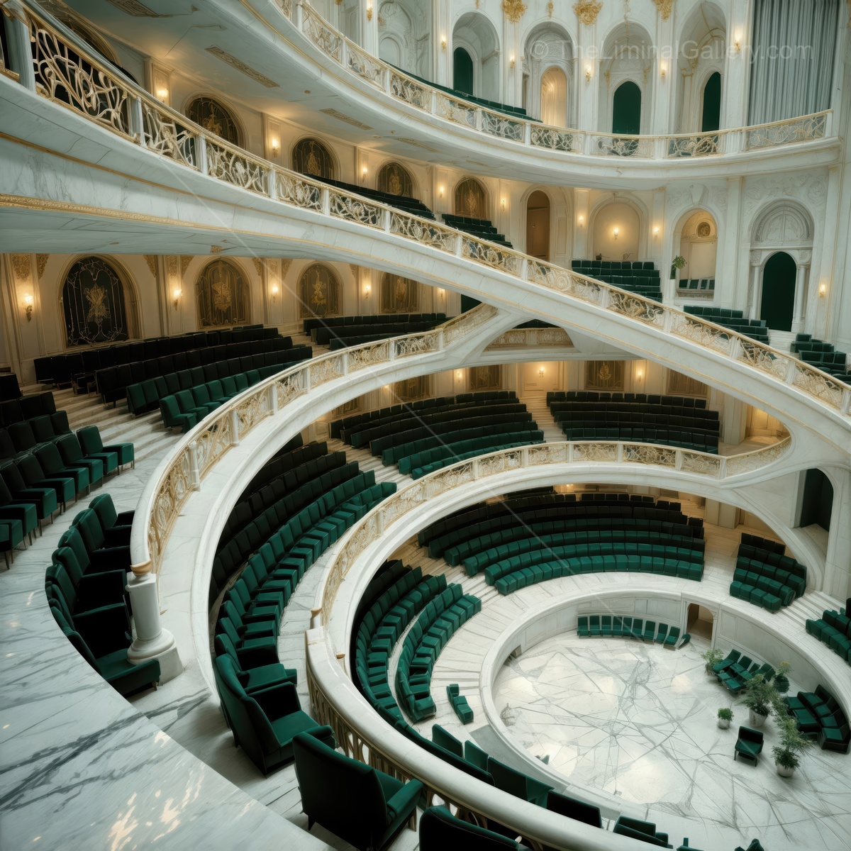 Exploring a grand liminal space in an ornate theater with sweeping views of empty seating