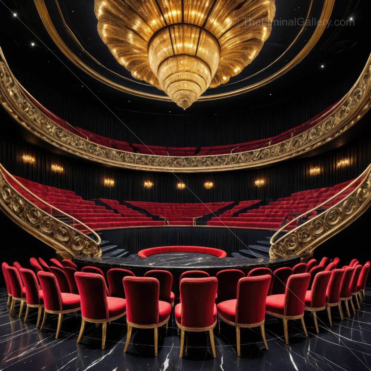 Experience the enchanting atmosphere of a grand theater with rich red seats and elegant lighting