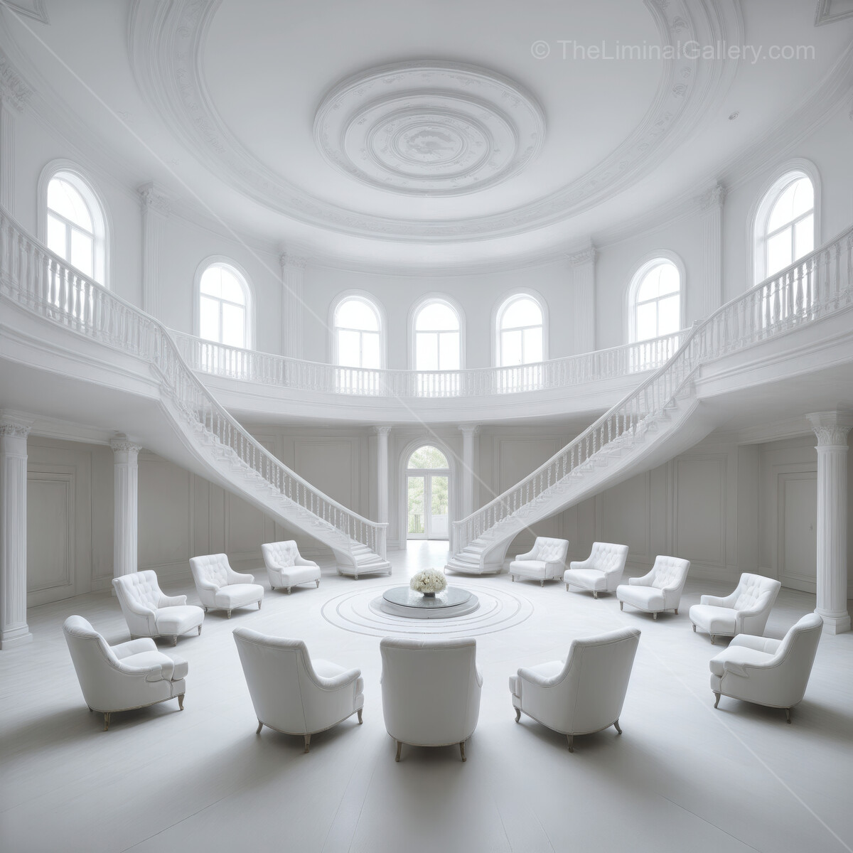 Liminal grand salon with white seating and sweeping staircase basks in daylight, offering a serene modern backdrop for gatherings, conversation, and shared peace