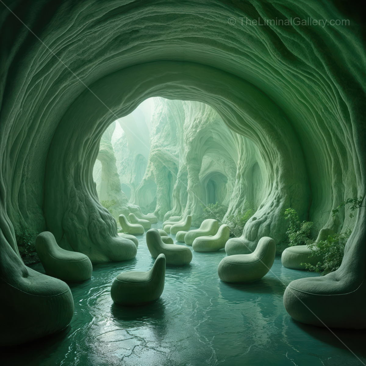 Lush green cave oasis filled with organic seating, inviting tranquility and relaxation amidst surreal formations and gentle reflections of light