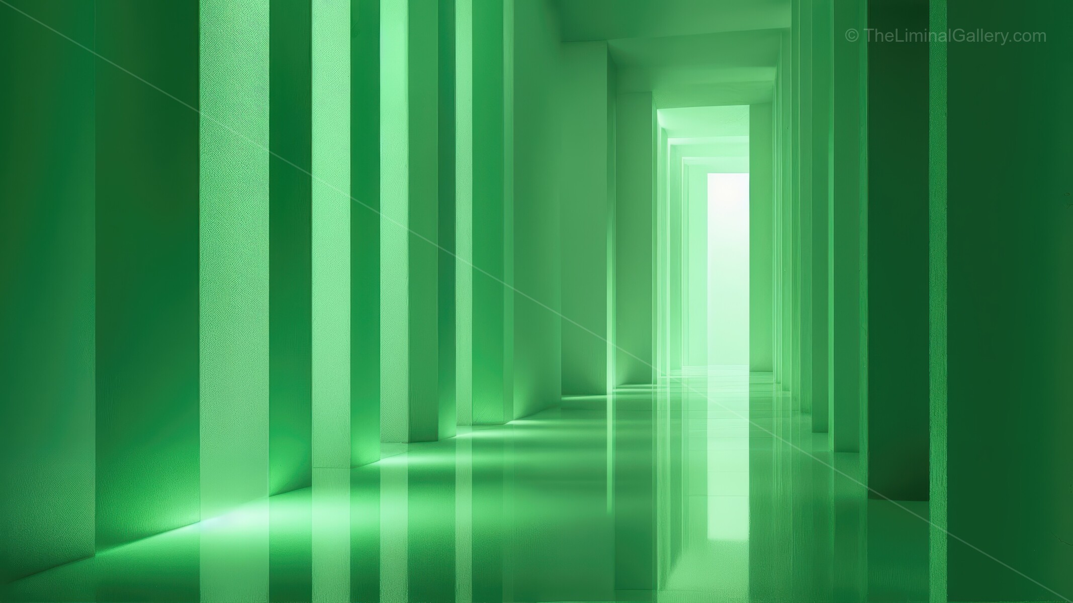 Immersive green corridor of geometric shapes and soft lighting invites thoughtful exploration, its vivid walls and subtle glow cultivating reflection and discovery