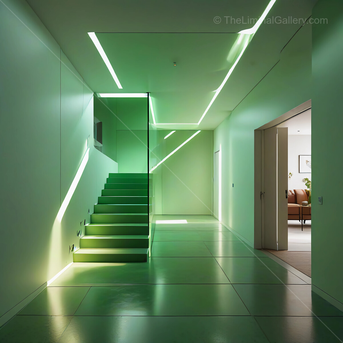 Modern green-lit liminal staircase enhances minimalistic architecture in contemporary home design