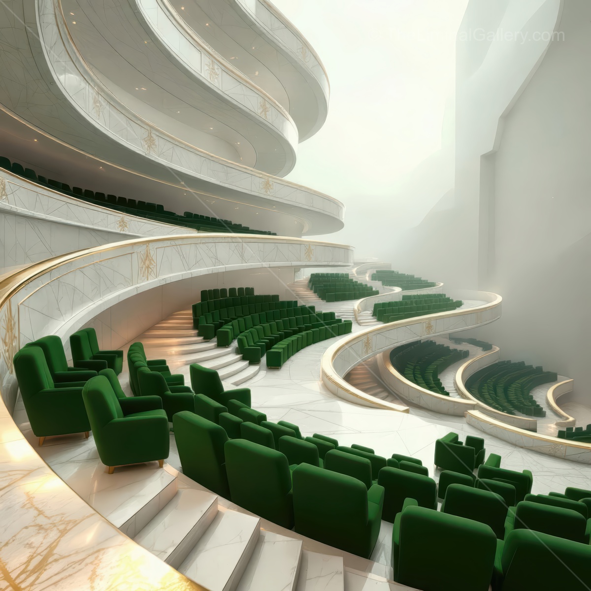 A serene and modern theater space with elegant green seating and soft lighting inviting quiet reflection