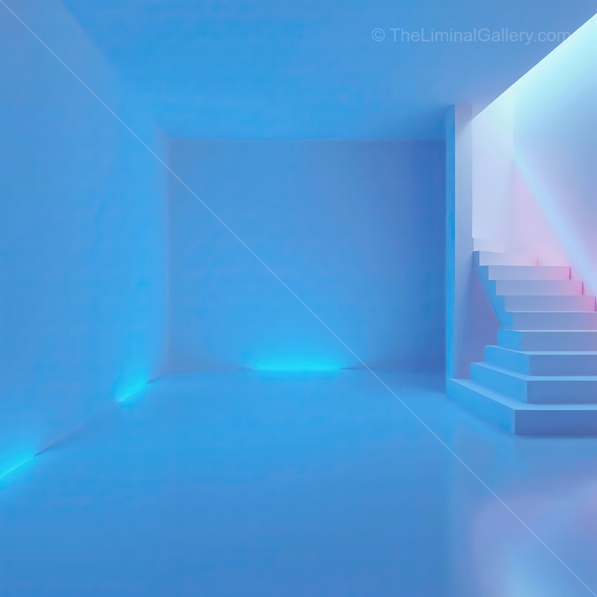Illuminated liminal space with glowing blue walls and staircase at dawn