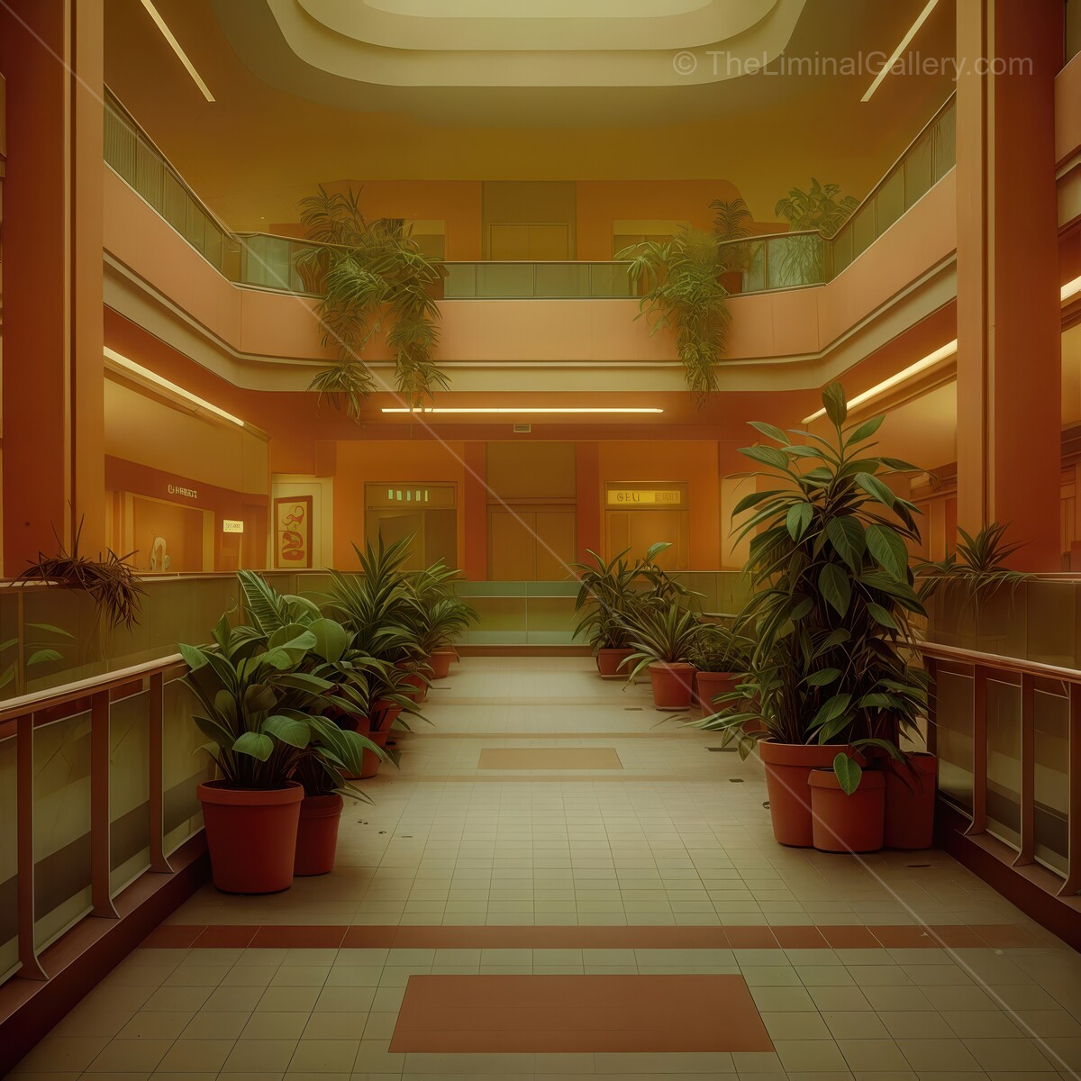 Serene indoor liminal garden oasis in a retro shopping center during golden hour light