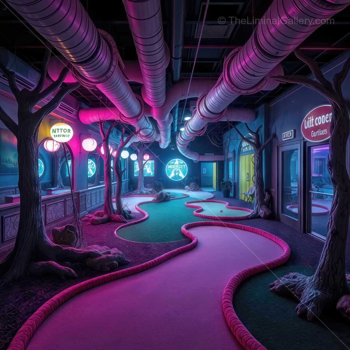 Creative indoor mini golf course with vibrant lights and whimsical decor at nighttime