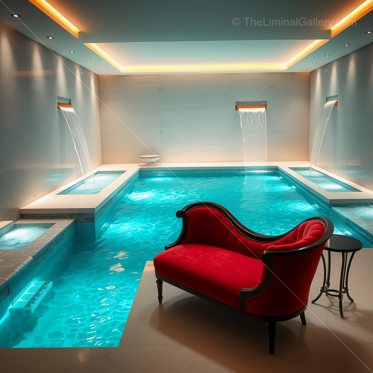 Luxurious indoor liminal swimming pool with stunning water features and elegant red chaise lounge