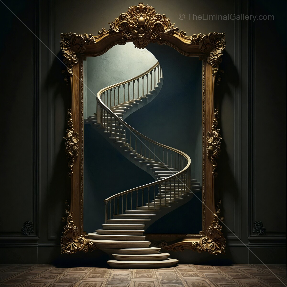 Intricate liminal mirror leading to a spiral staircase invites curiosity in a dimly lit room