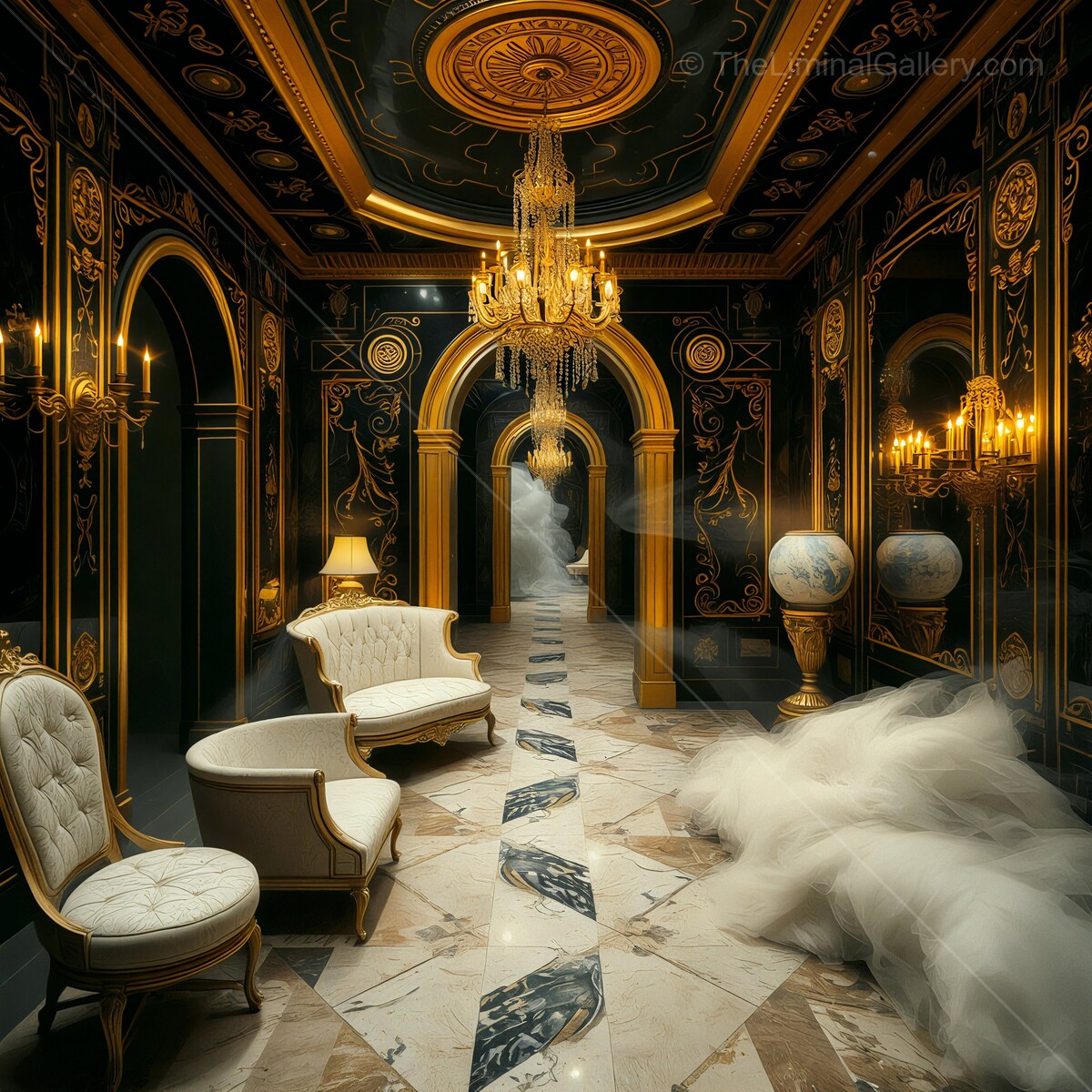 Lavishly designed hallway with elegant furniture and mysterious fog in a grand palace setting