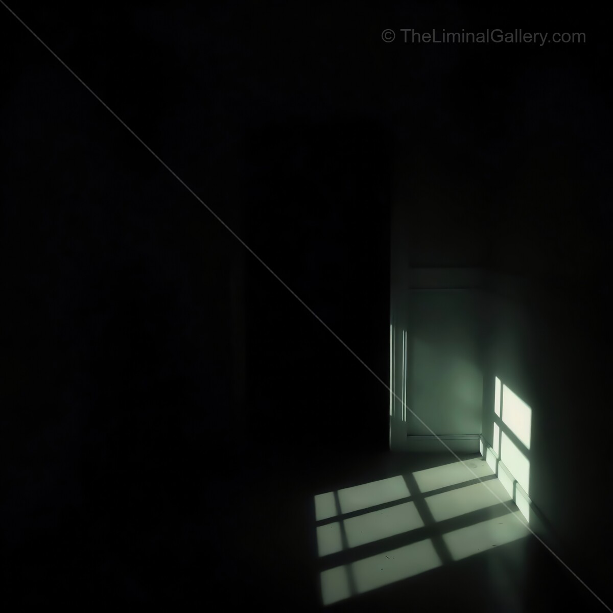 Light and shadow dance in a dimly lit liminal room during late afternoon moments