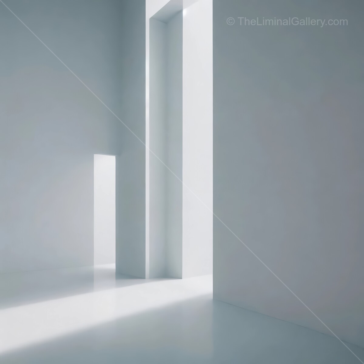 Light and shadows dance in a minimalist liminal interior space filled with tranquility and elegance