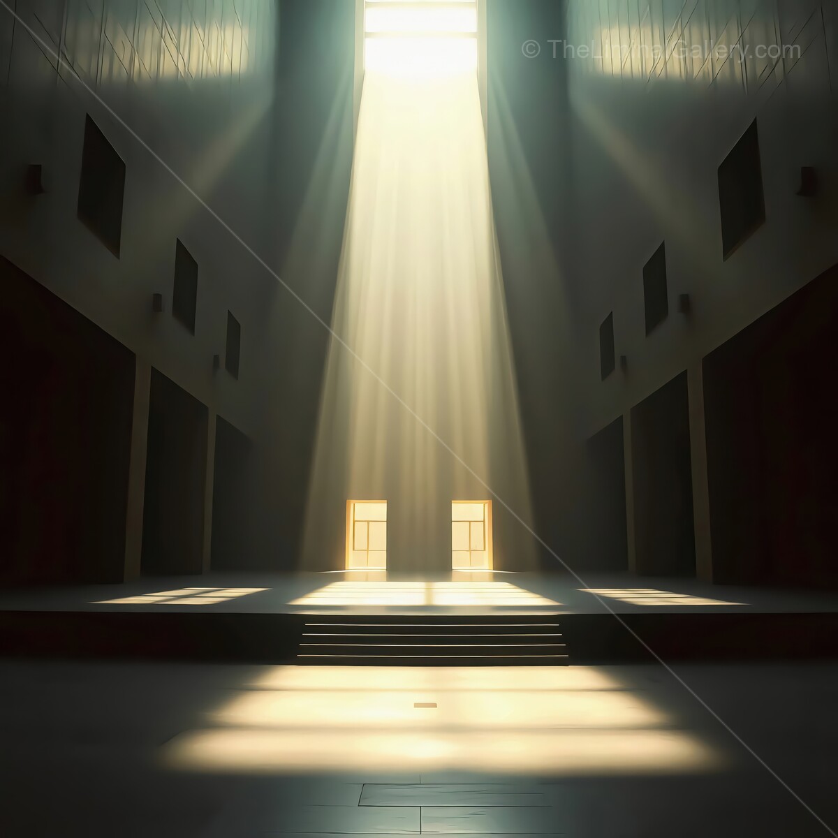 Light streams through liminal grand doors in an extraordinary architectural space at dawn