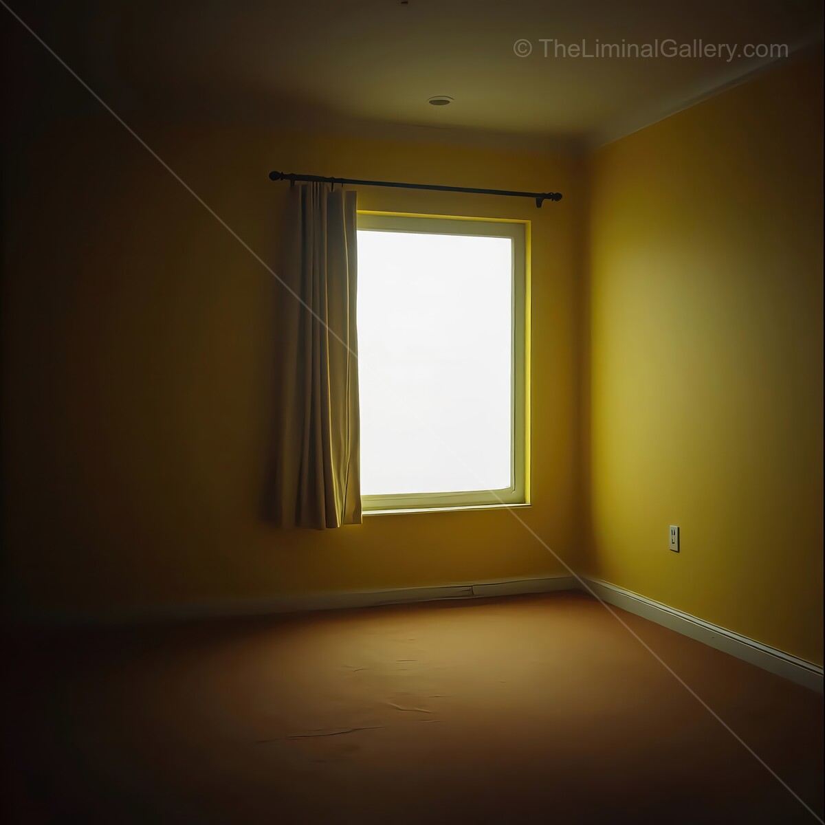 Light filtering through a solitary window in a liminal yellow room during evening hours