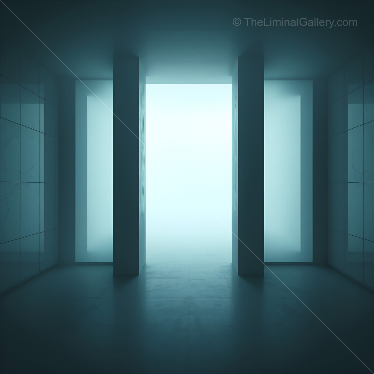 Ethereal light illuminates a minimalist liminal corridor leading to an unknown destination