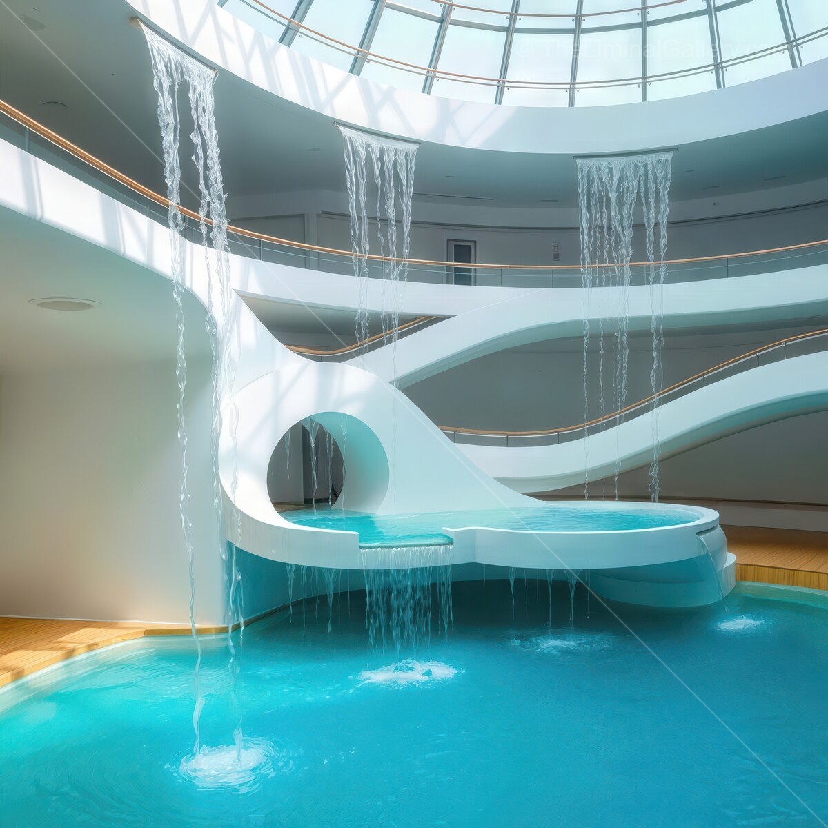 Stunning indoor oasis featuring cascading waterfalls and contemporary architecture in a bright, airy setting
