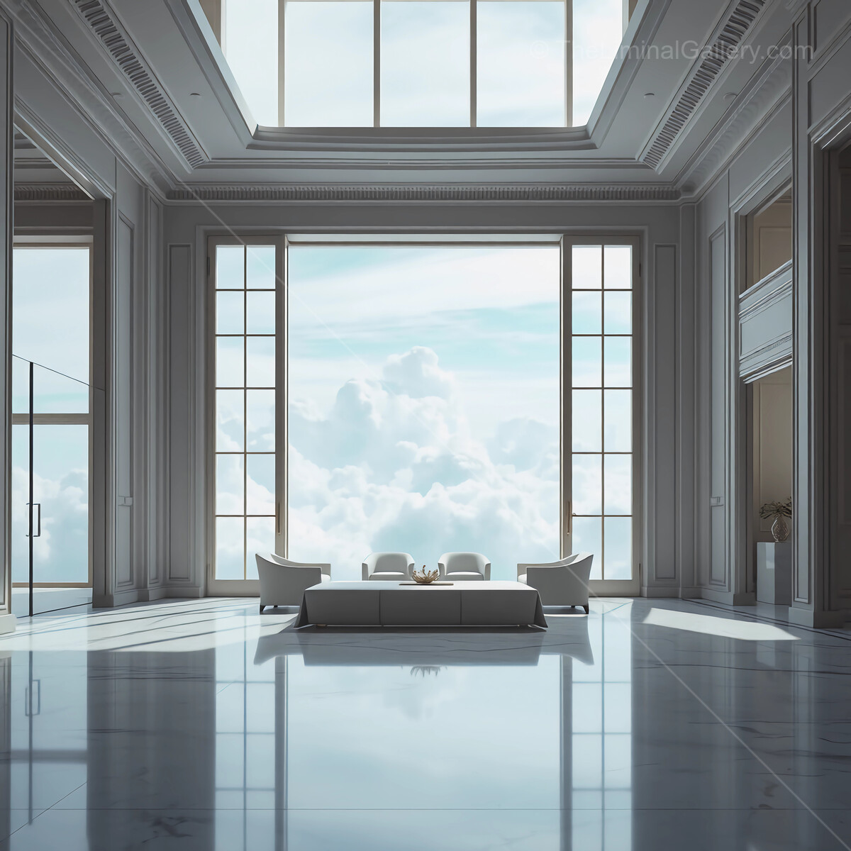 Elegant liminal interior design captures tranquility and beauty with clouds visible through expansive windows