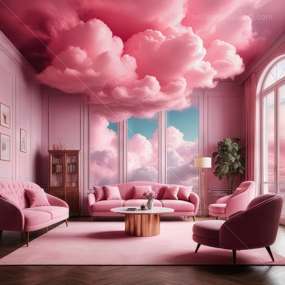 Dreamy pastel liminal living room with whimsical pink clouds and cozy decor