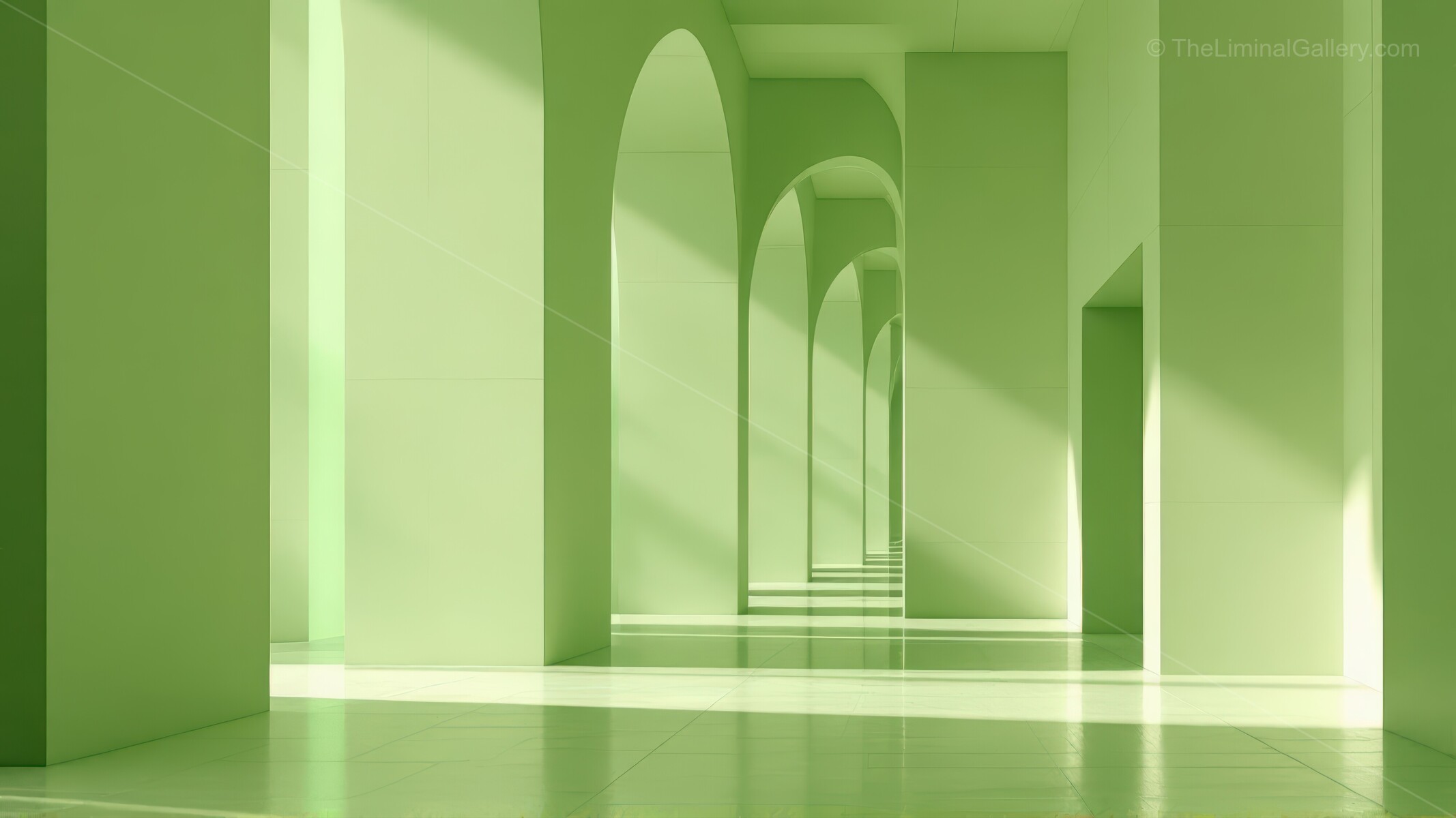 Vibrant green corridors invite exploration in a serene architectural space filled with light and shadows highlighting the beauty of simplicity