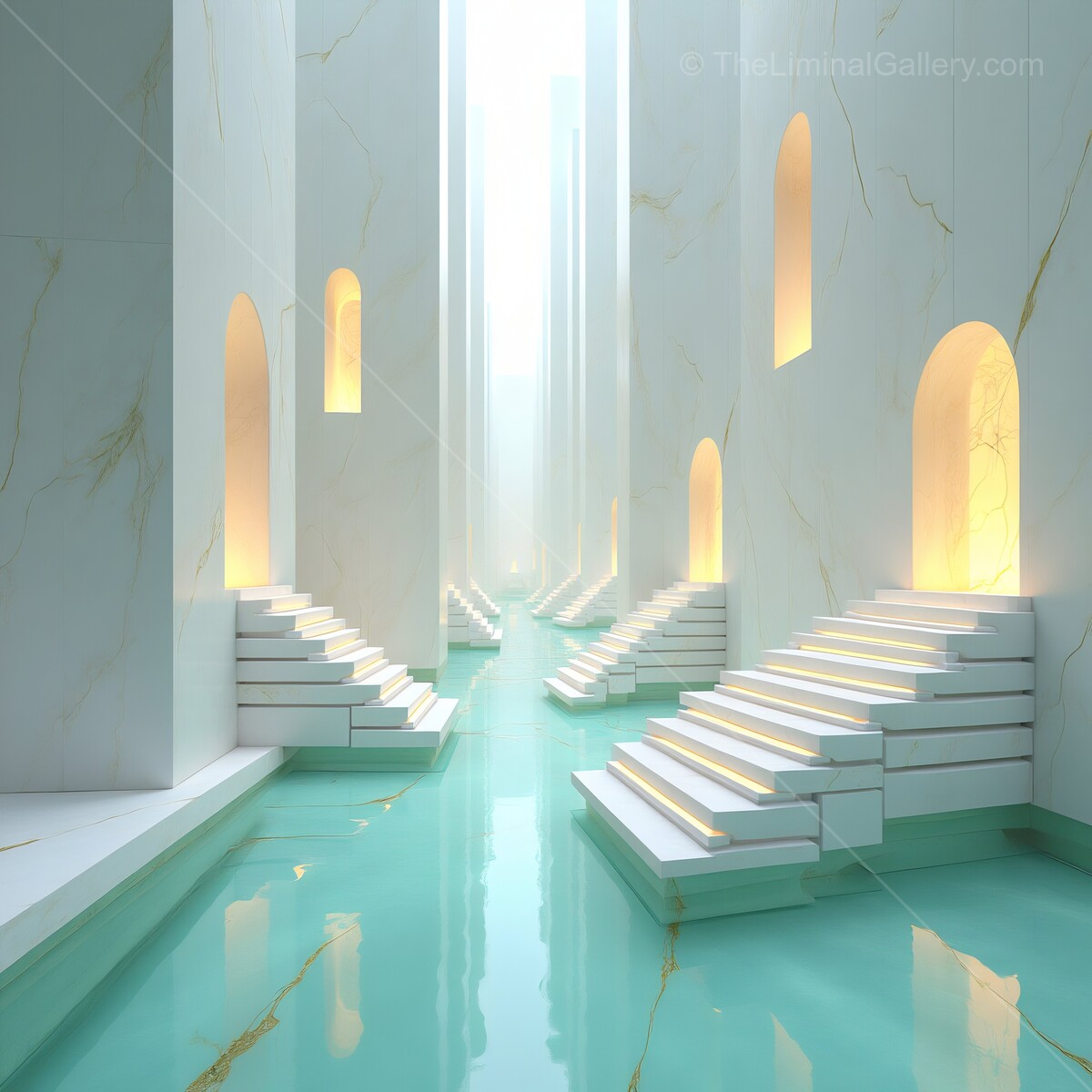 Mystical oasis of light and marble beckons wanderers into serene reflections and elegant liminal spaces