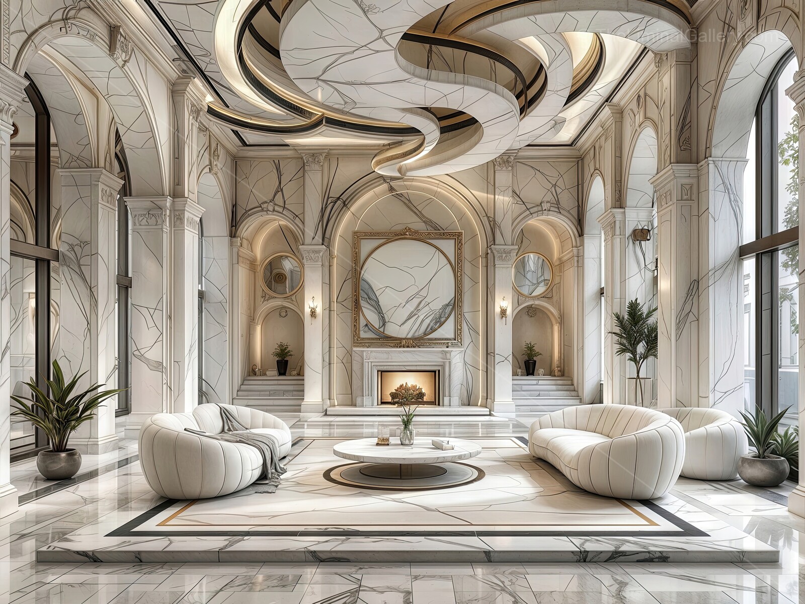 Luxury interior showcases polished marble, refined lighting and modern furnishings, combining opulence with comfort to craft a welcoming space of sophisticated contemporary elegance