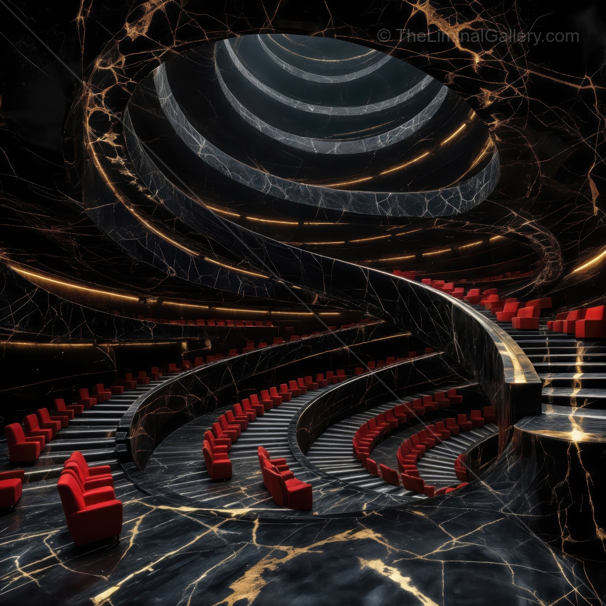 Glistening marble auditorium with twisting staircases and vibrant red seating