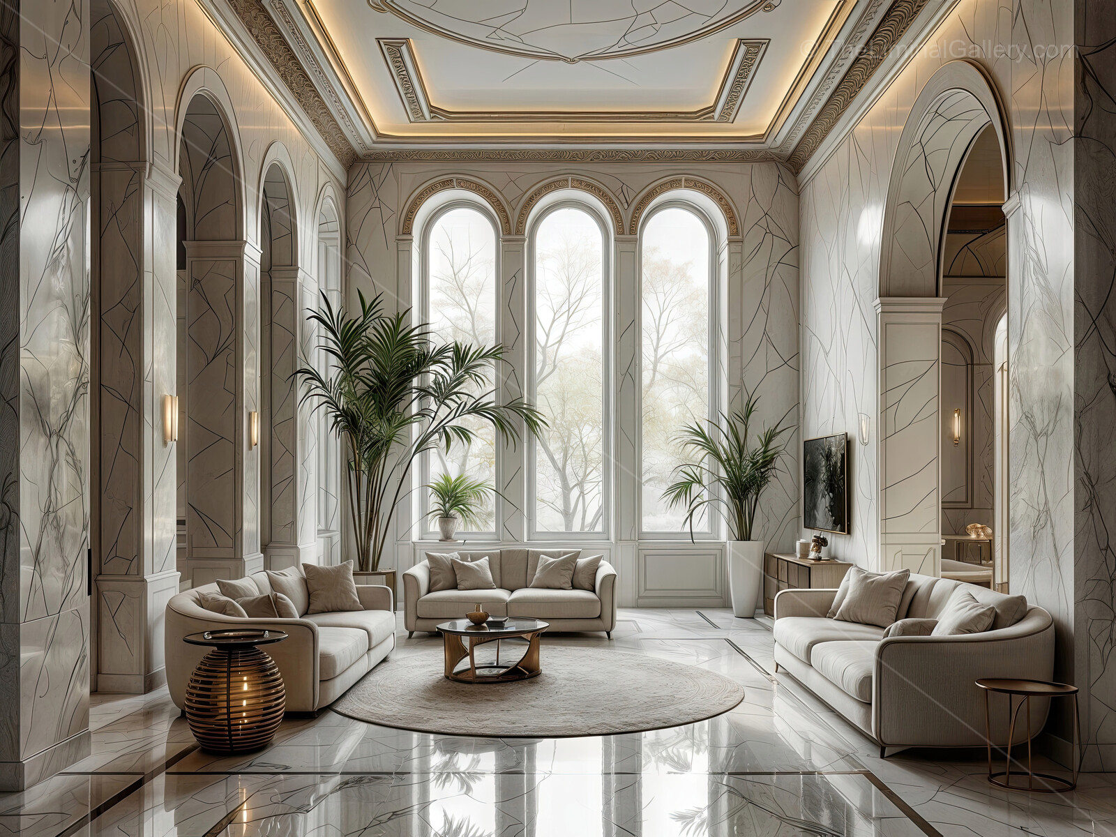 Bright modern interior combines marble surfaces, expansive glazing and comfortable furnishings, delivering a spacious living zone suited for relaxing, entertaining and stylish life